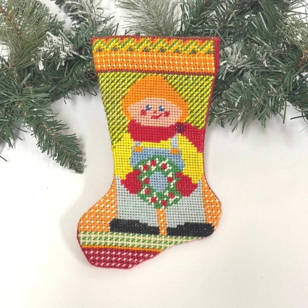 Vintage Mini Needlepoint Christmas Stocking Boy with Wreath Red Felt Back 8.5
